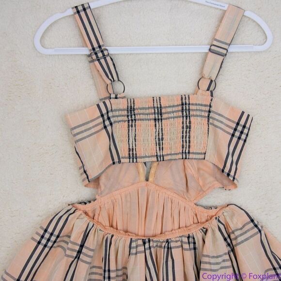 NEW Free People Bridget Mini Dress plaid, smocked split open back, S - Picture 7 of 16